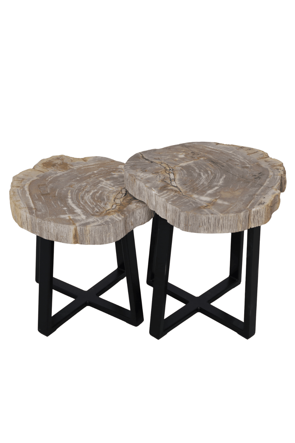 Versteend houten salontafel set van 2 tafeltjes grijs beige blad met zwart metalen poot set 3 48x45x47 cm en 49x43x41 cm