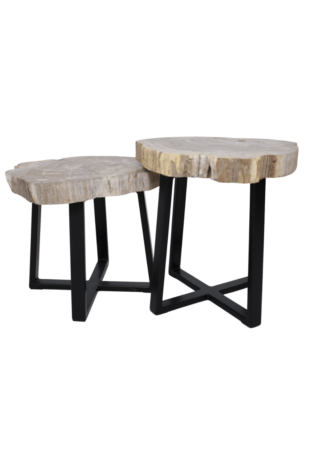Versteend houten salontafel set van 2 tafeltjes grijs beige blad met zwart metalen poot set 4 49x45x47 cm en 45x38x40 cm