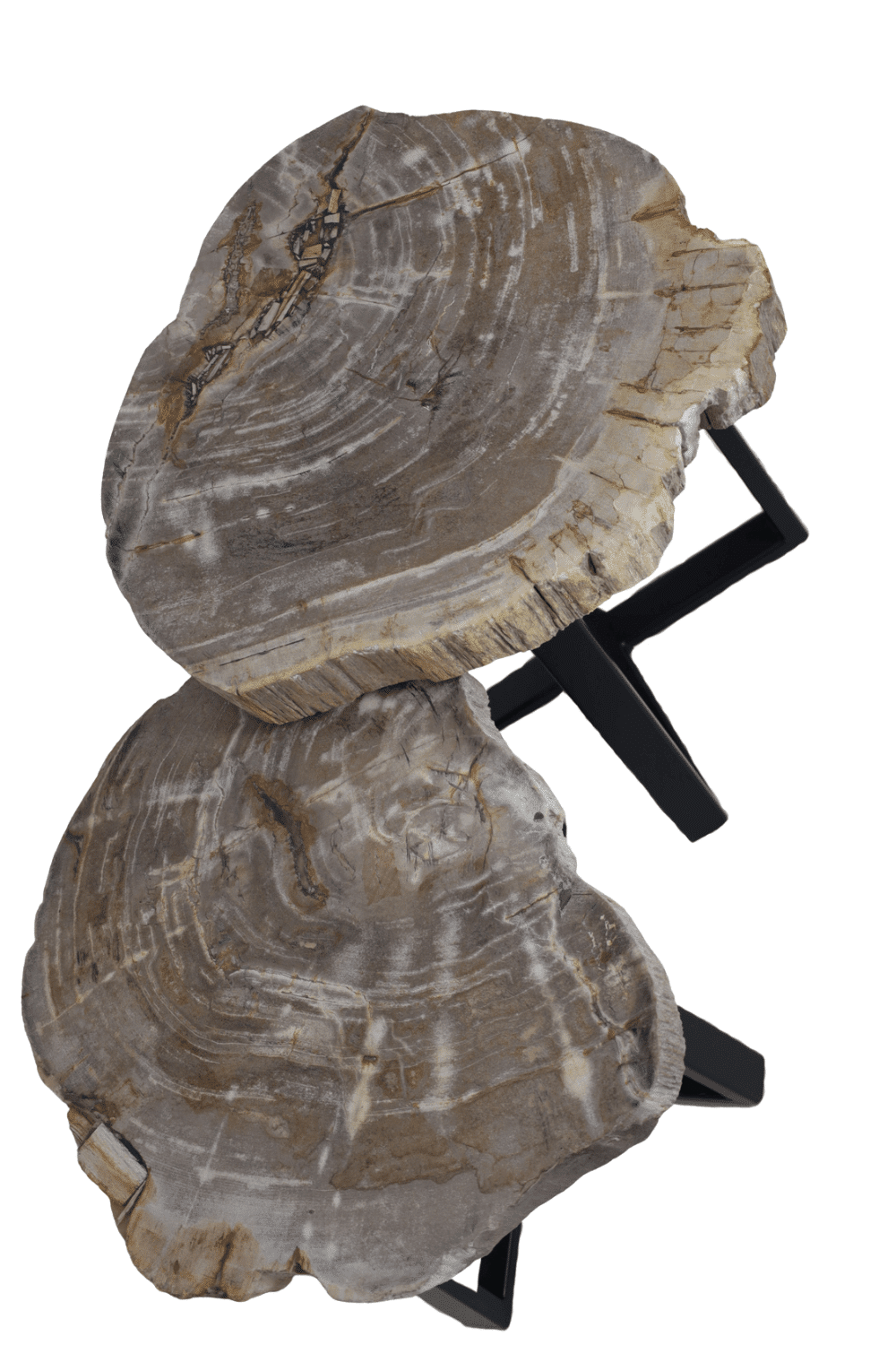 Versteend houten salontafel set van 2 tafeltjes grijs beige blad met zwart metalen poot set 4 49x45x47 cm en 45x38x40 cm