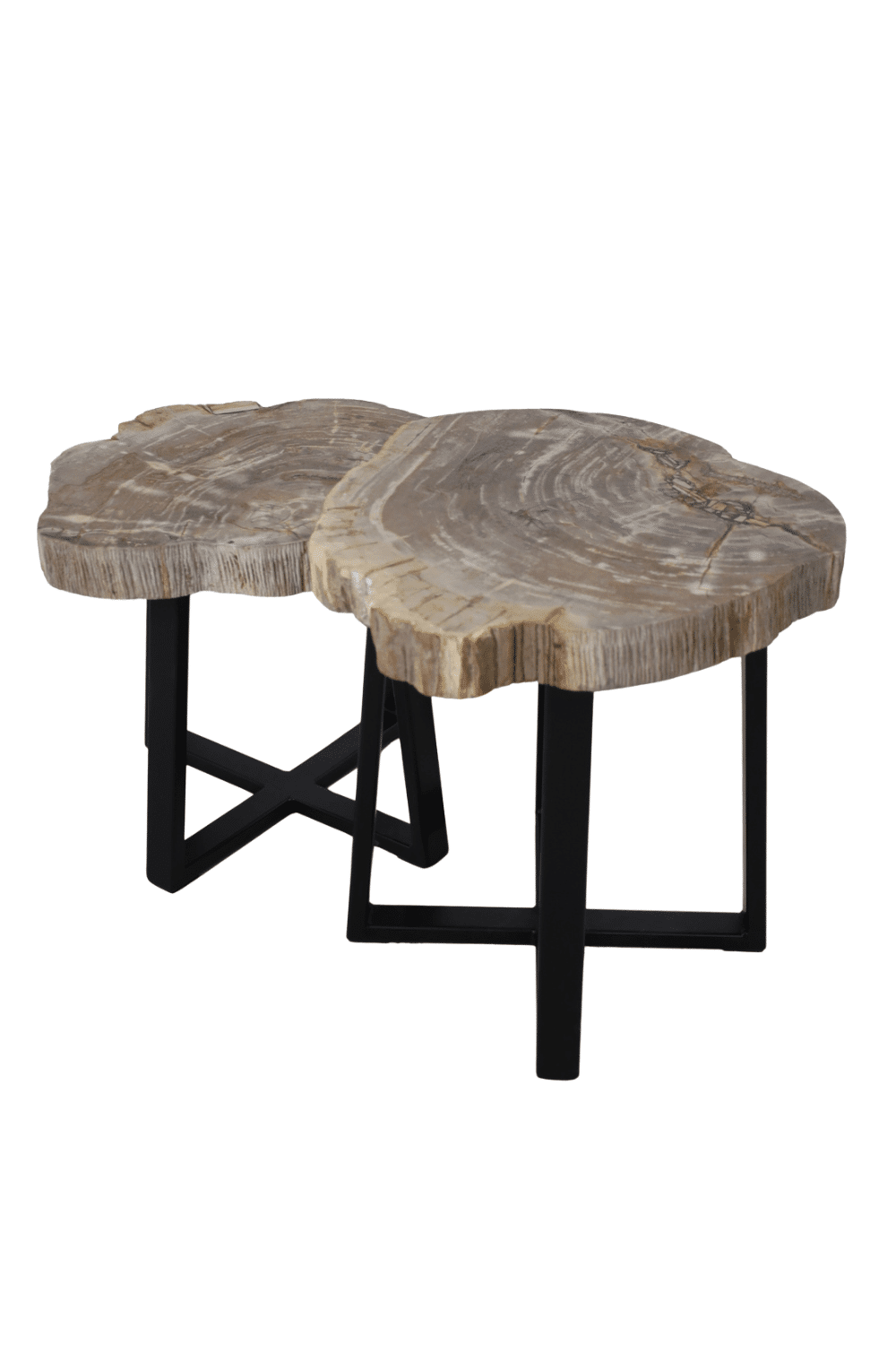 Versteend houten salontafel set van 2 tafeltjes grijs beige blad met zwart metalen poot set 4 49x45x47 cm en 45x38x40 cm