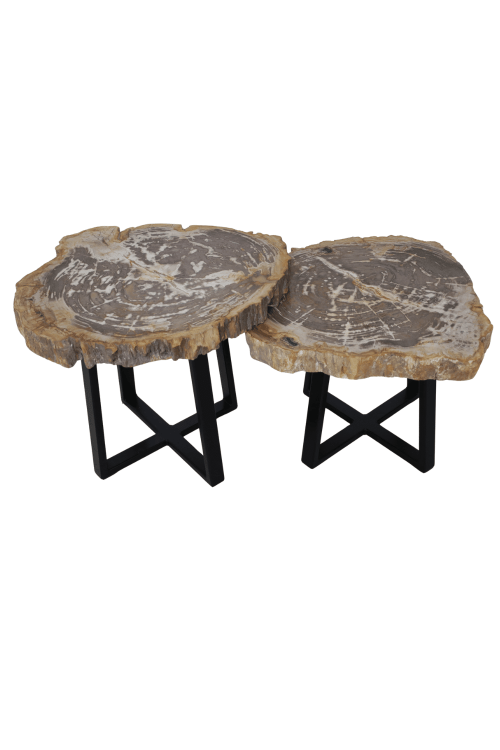 Versteend houten salontafel set van 2 tafeltjes grijs beige blad met zwart metalen poot set 5 63x56x47,5 cm en 51x61x41 cm