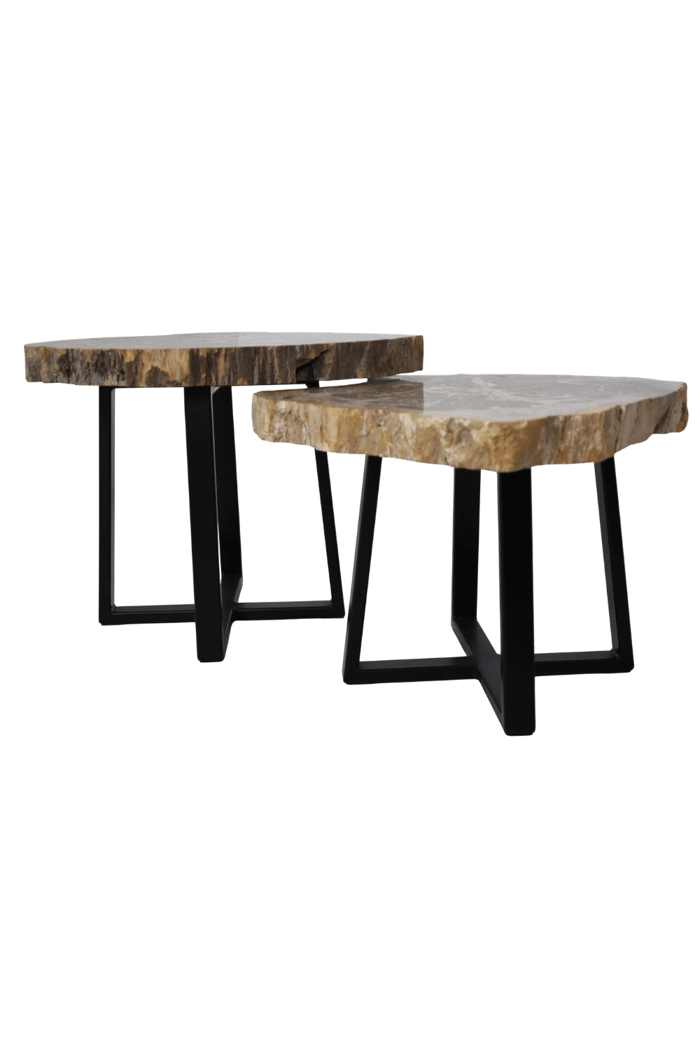 Versteend houten salontafel set van 2 tafeltjes grijs beige blad met zwart metalen poot set 5 63x56x47,5 cm en 51x61x41 cm