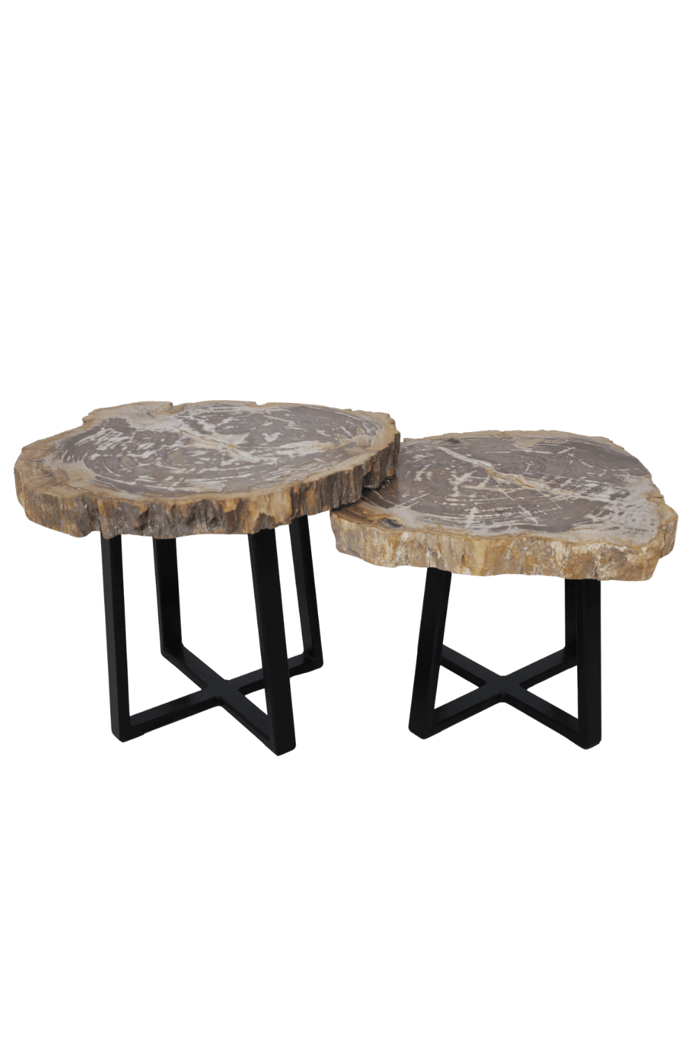 Versteend houten salontafel set van 2 tafeltjes grijs beige blad met zwart metalen poot set 5 63x56x47,5 cm en 51x61x41 cm