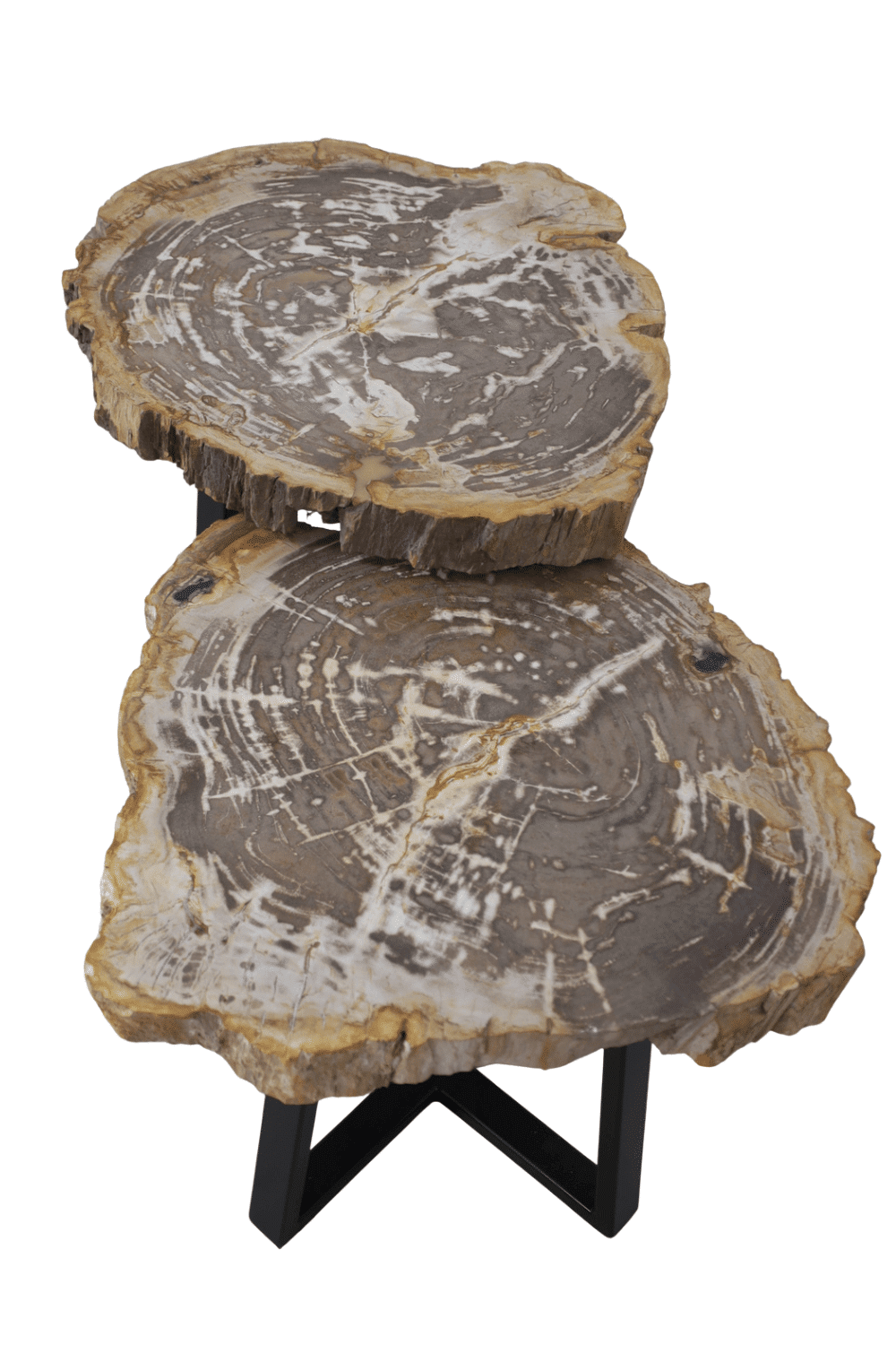 Versteend houten salontafel set van 2 tafeltjes grijs beige blad met zwart metalen poot set 5 63x56x47,5 cm en 51x61x41 cm