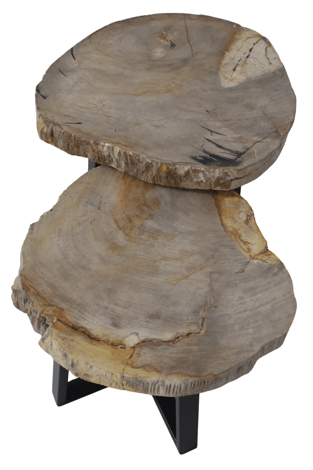 Versteend houten salontafel set van 2 tafeltjes grijs beige blad met zwart metalen poot set 6 52x50x47,5 cm en 46x44x41 cm