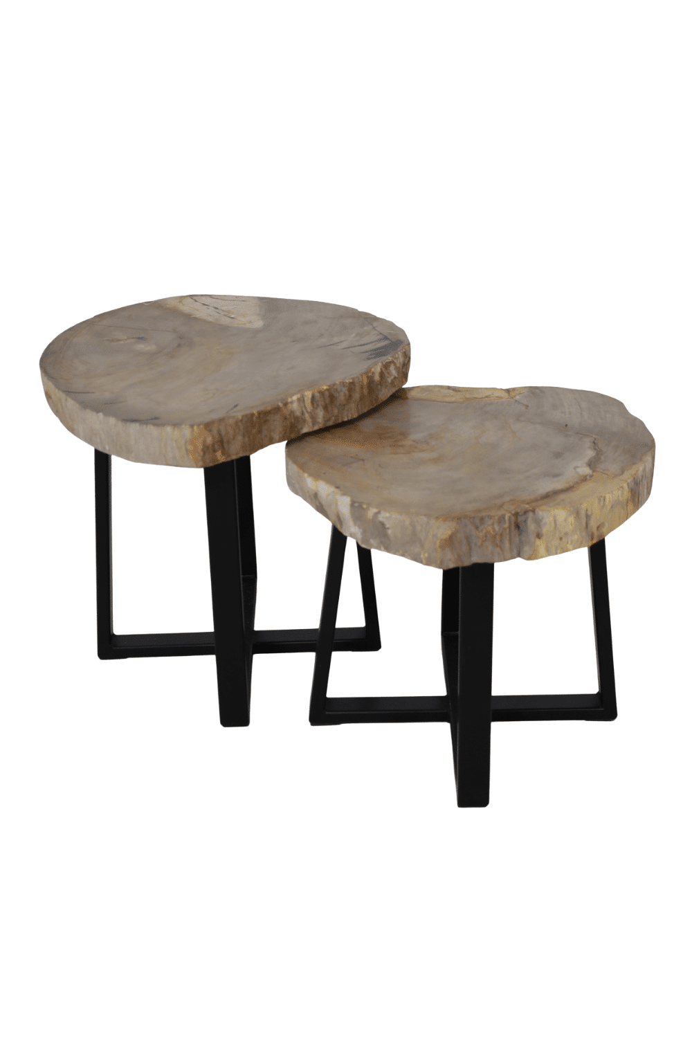 Versteend houten salontafel set van 2 tafeltjes grijs beige blad met zwart metalen poot set 6 52x50x47,5 cm en 46x44x41 cm