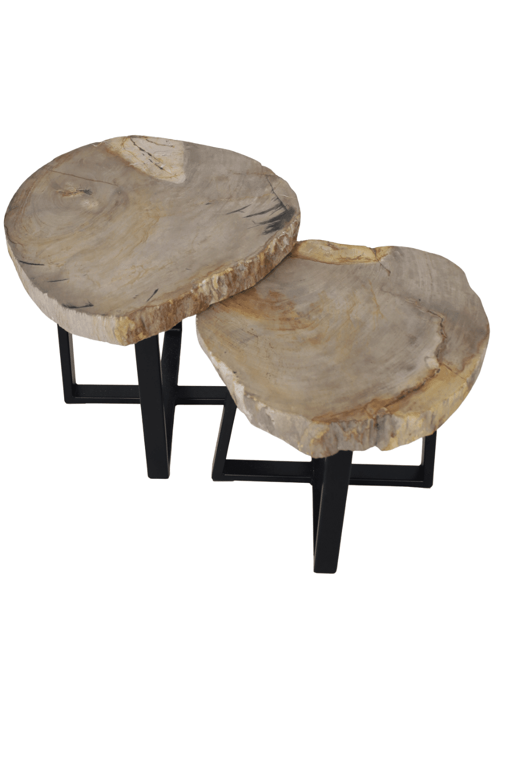 Versteend houten salontafel set van 2 tafeltjes grijs beige blad met zwart metalen poot set 6 52x50x47,5 cm en 46x44x41 cm