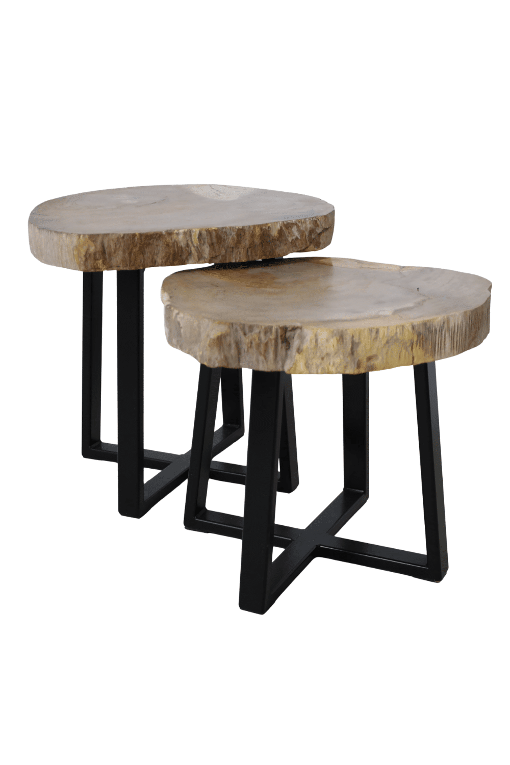 Versteend houten salontafel set van 2 tafeltjes grijs beige blad met zwart metalen poot set 6 52x50x47,5 cm en 46x44x41 cm