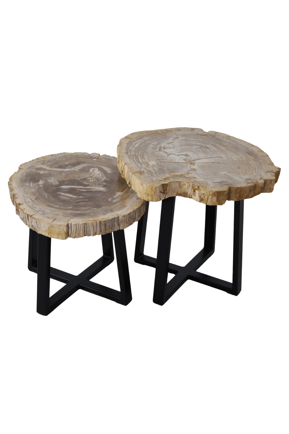 Versteend houten salontafel set van 2 tafeltjes grijs beige blad met zwart metalen poot set 7 55x44x40 cm en 56x49x47 cm