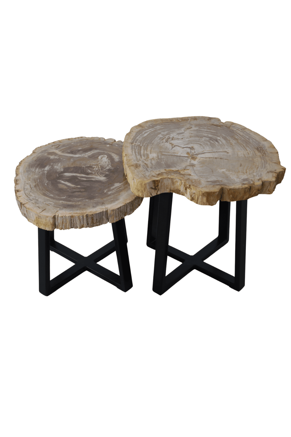 Versteend houten salontafel set van 2 tafeltjes grijs beige blad met zwart metalen poot set 7 55x44x40 cm en 56x49x47 cm
