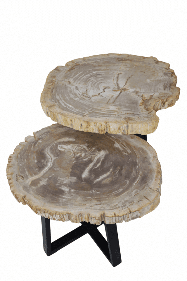 Versteend houten salontafel set van 2 tafeltjes grijs beige blad met zwart metalen poot set 7 55x44x40 cm en 56x49x47 cm