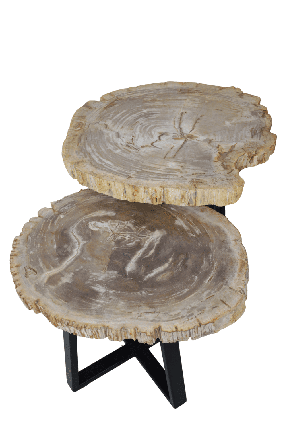 Versteend houten salontafel set van 2 tafeltjes grijs beige blad met zwart metalen poot set 7 55x44x40 cm en 56x49x47 cm