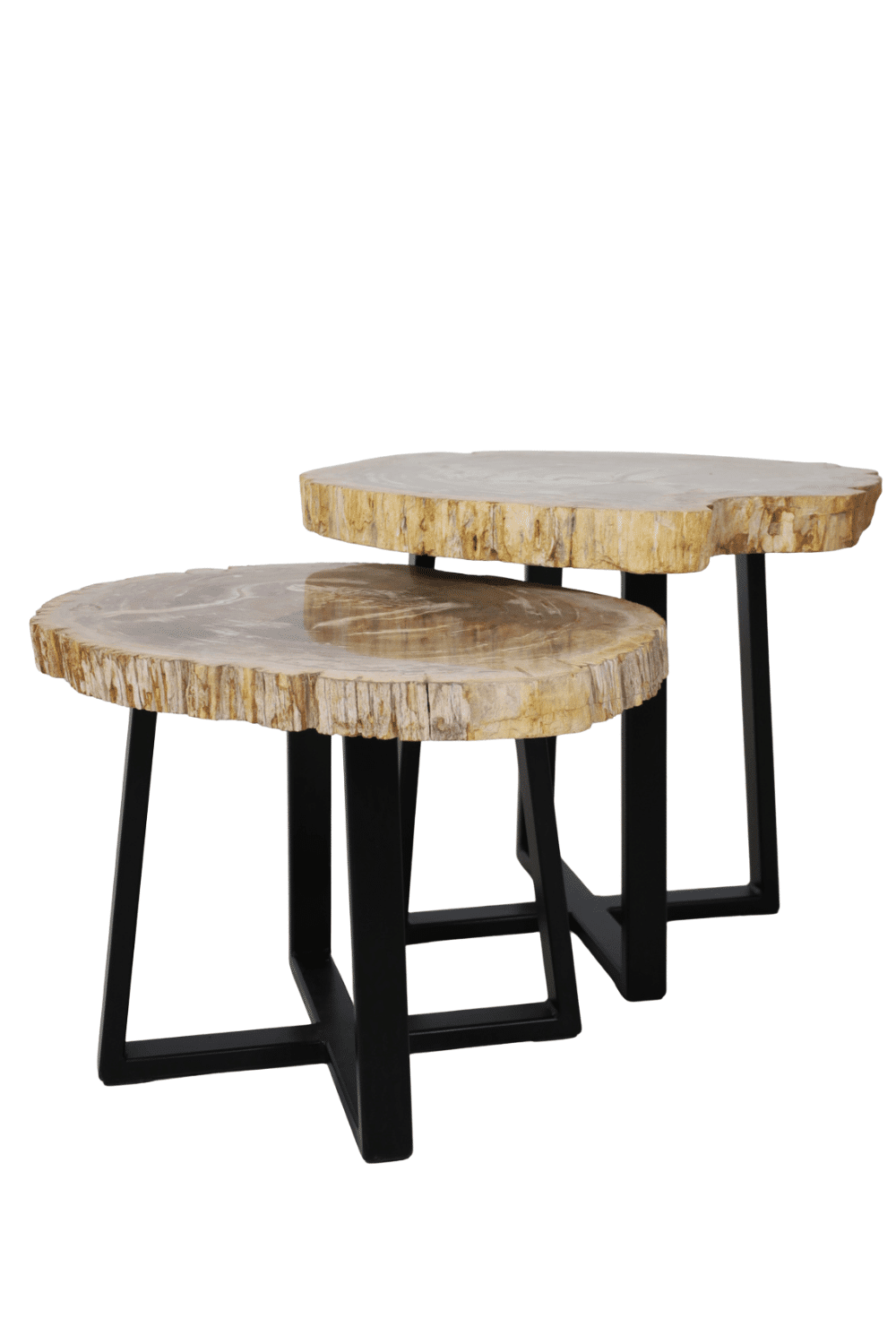 Versteend houten salontafel set van 2 tafeltjes grijs beige blad met zwart metalen poot set 7 55x44x40 cm en 56x49x47 cm