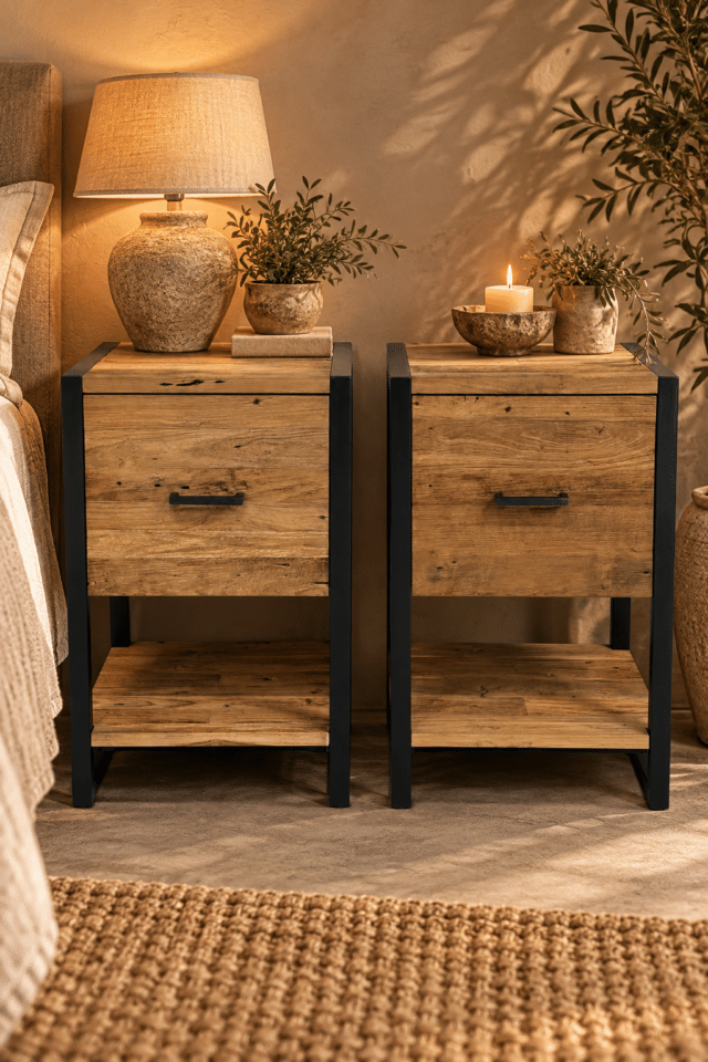 Rustieke industriële nachtkastjes in warme slaapkamer