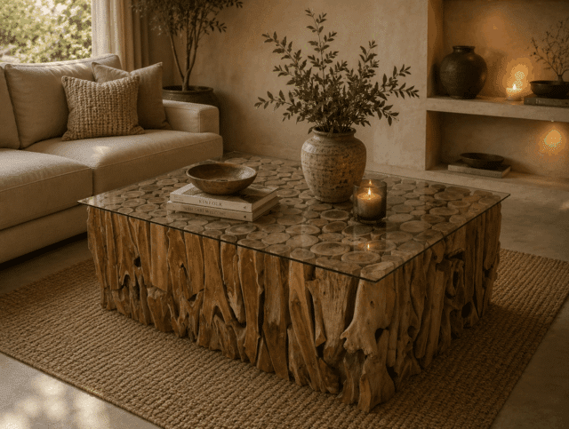 Salontafel wortel teak met glasplaat 122x82x41 cm