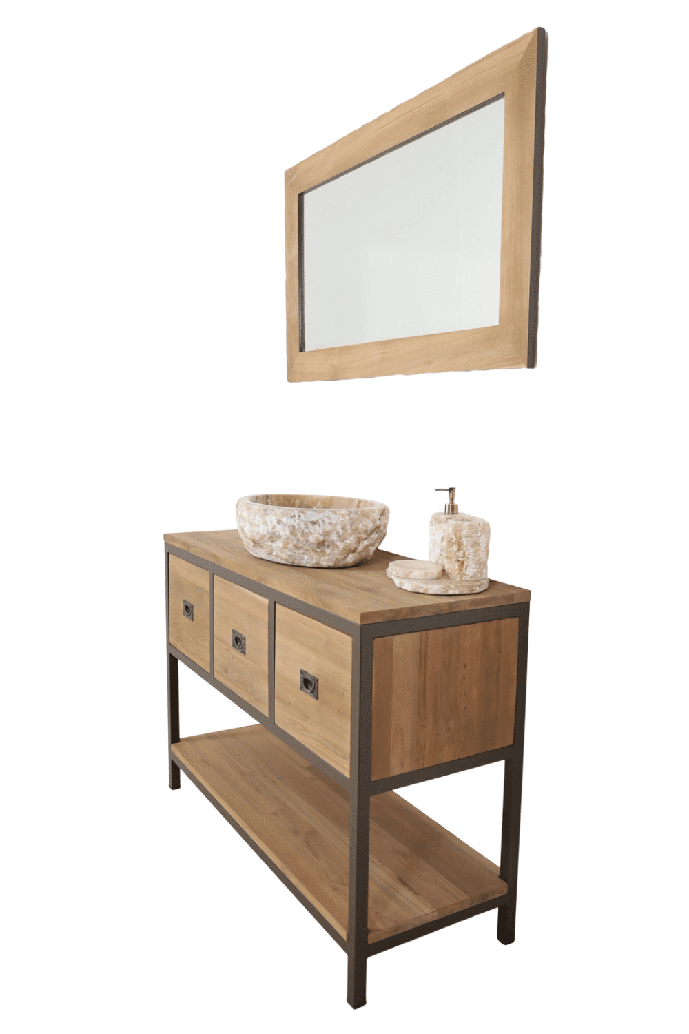 Teak houten badkamermeubel met anodic brown metalen details, en spiegel st3t 120 cm Teak houten badkamermeubel met anodic brown metalen details, en spiegel st3t 120 cm