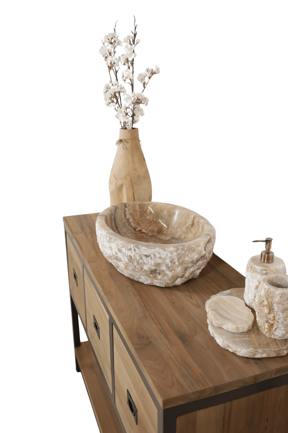 Teak houten badkamermeubel met anodic brown metalen details, en spiegel st3t 120 cm Teak houten badkamermeubel met anodic brown metalen details, en spiegel st3t 120 cm