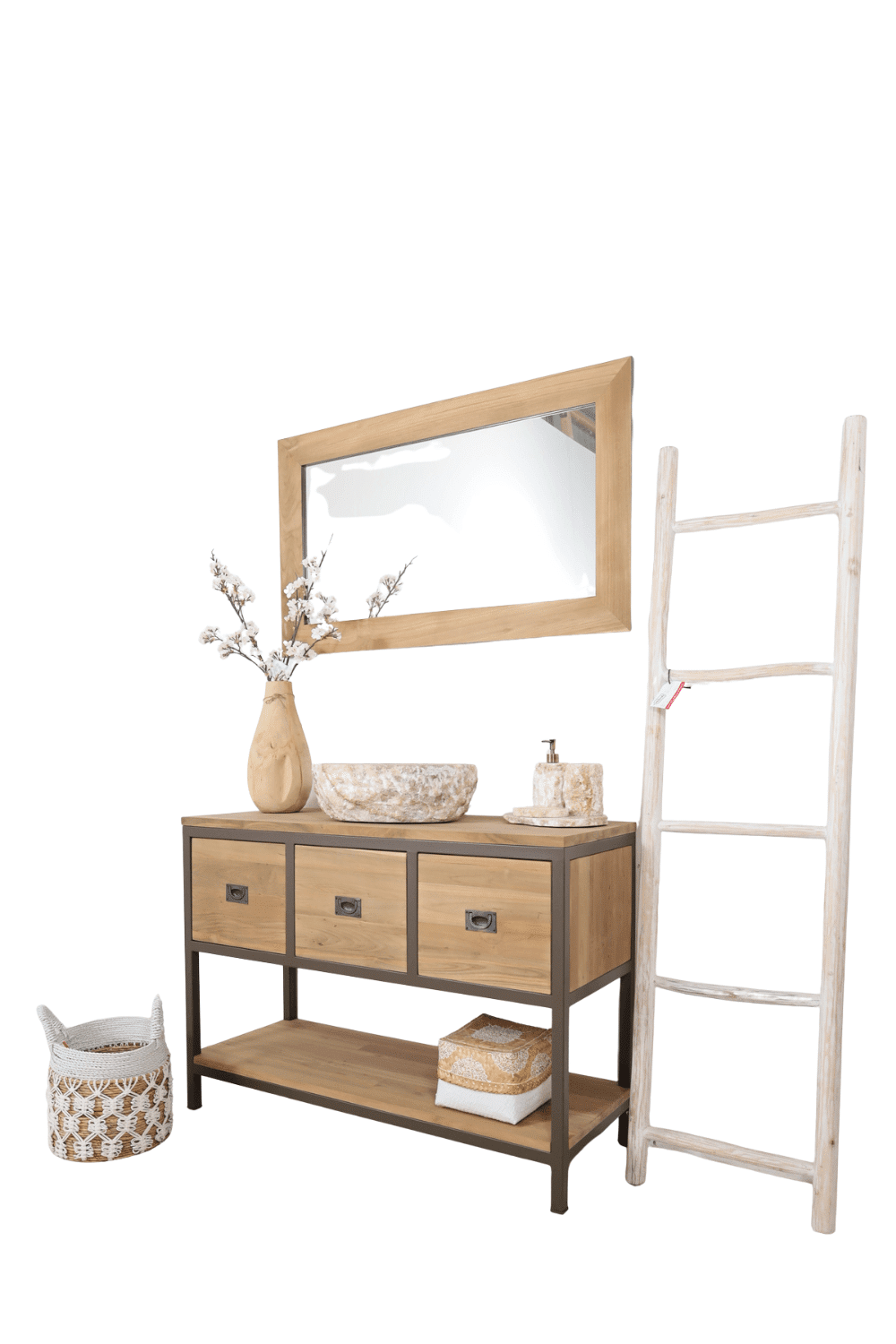 Teak houten badkamermeubel met anodic brown metalen details, en spiegel st3t 120 cm Teak houten badkamermeubel met anodic brown metalen details, en spiegel st3t 120 cm