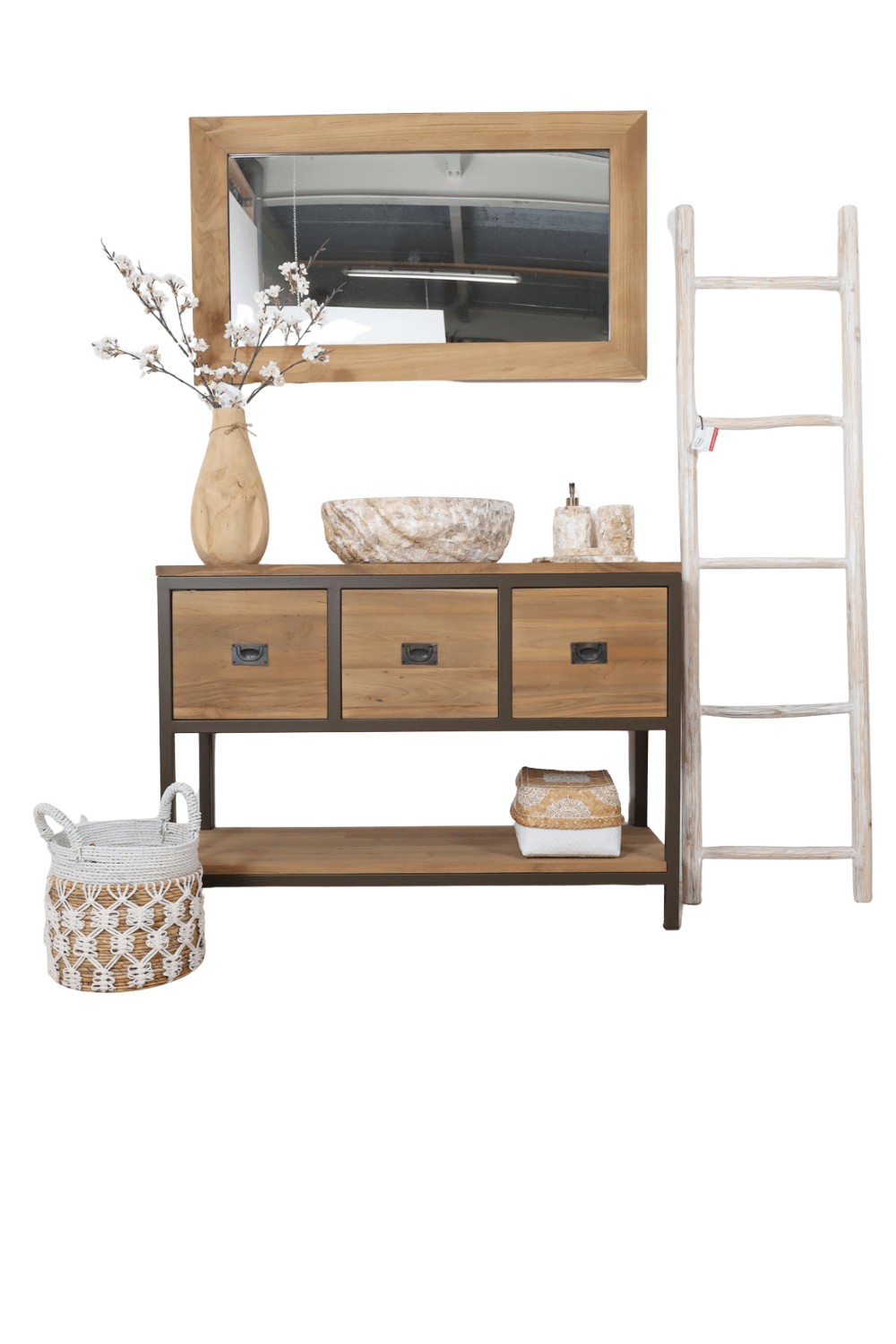 Teak houten badkamermeubel met anodic brown metalen details, en spiegel st3t 120 cm Teak houten badkamermeubel met anodic brown metalen details, en spiegel st3t 120 cm