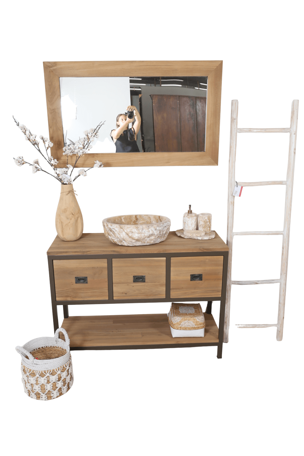 Teak houten badkamermeubel met anodic brown metalen details, en spiegel st3t 120 cm Teak houten badkamermeubel met anodic brown metalen details, en spiegel st3t 120 cm