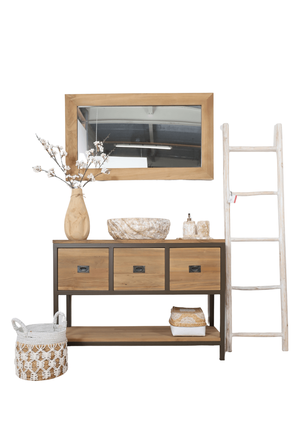 Teak houten badkamermeubel met anodic brown metalen details, en spiegel st3t 120 cm Teak houten badkamermeubel met anodic brown metalen details, en spiegel st3t 120 cm