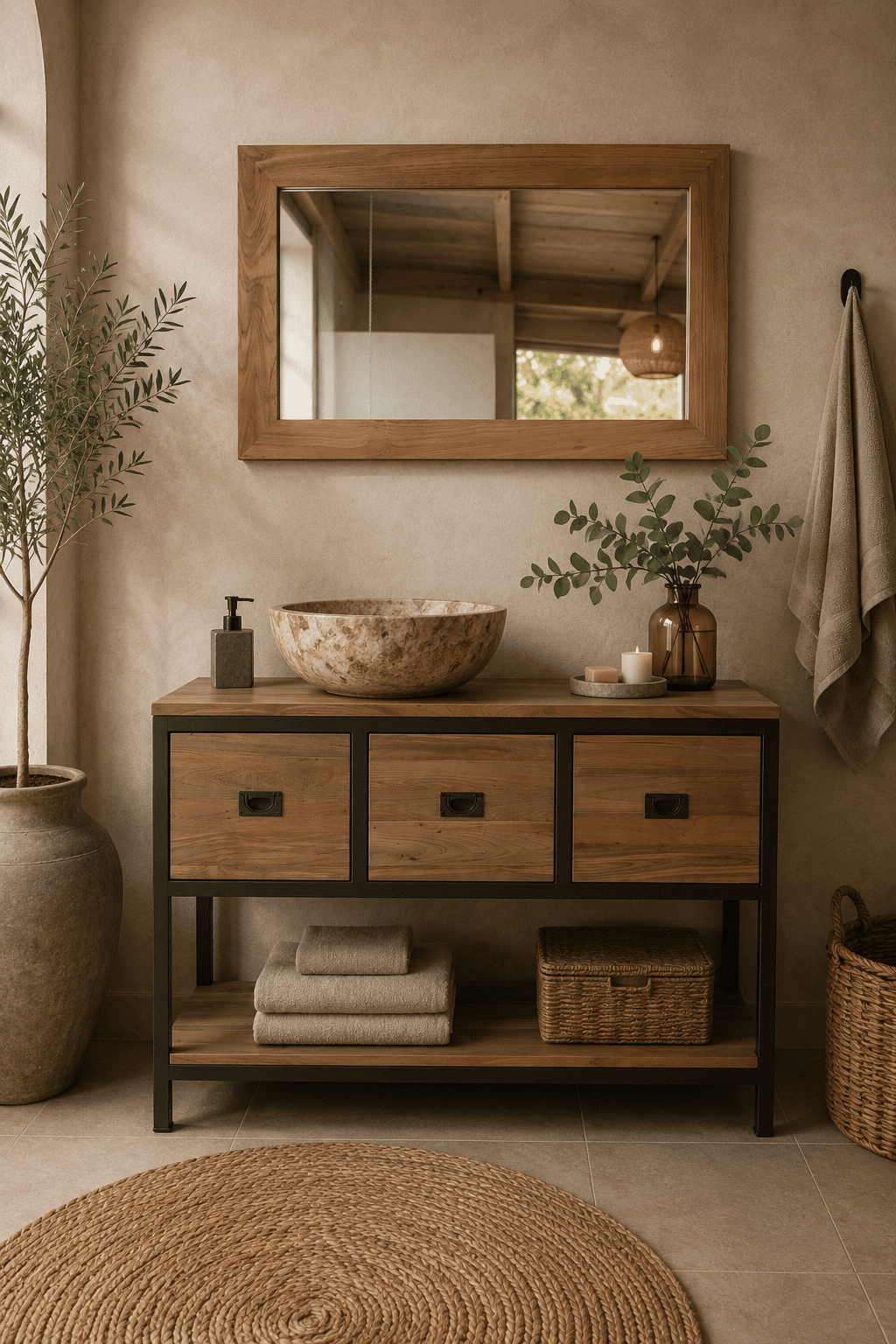 Teak houten badkamermeubel met anodic brown metalen details, en spiegel st3t 120 cm Teak houten badkamermeubel met anodic brown metalen details, en spiegel st3t 120 cm