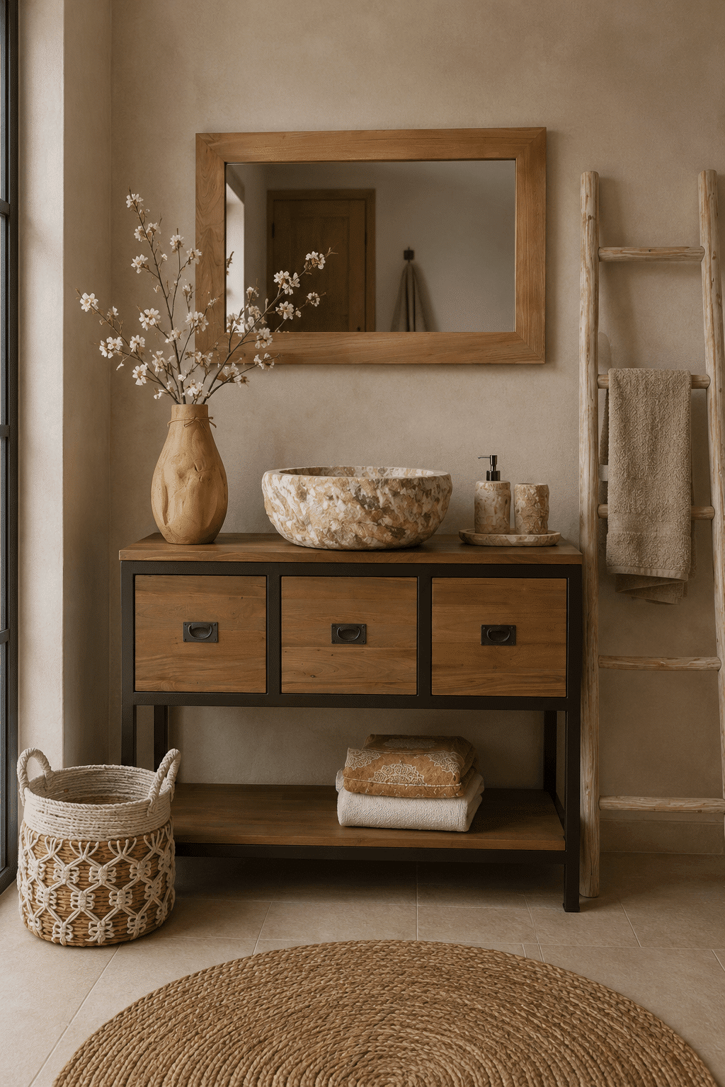 Teak houten badkamermeubel met anodic brown metalen details, en spiegel st3t 120 cm Teak houten badkamermeubel met anodic brown metalen details, en spiegel st3t 120 cm