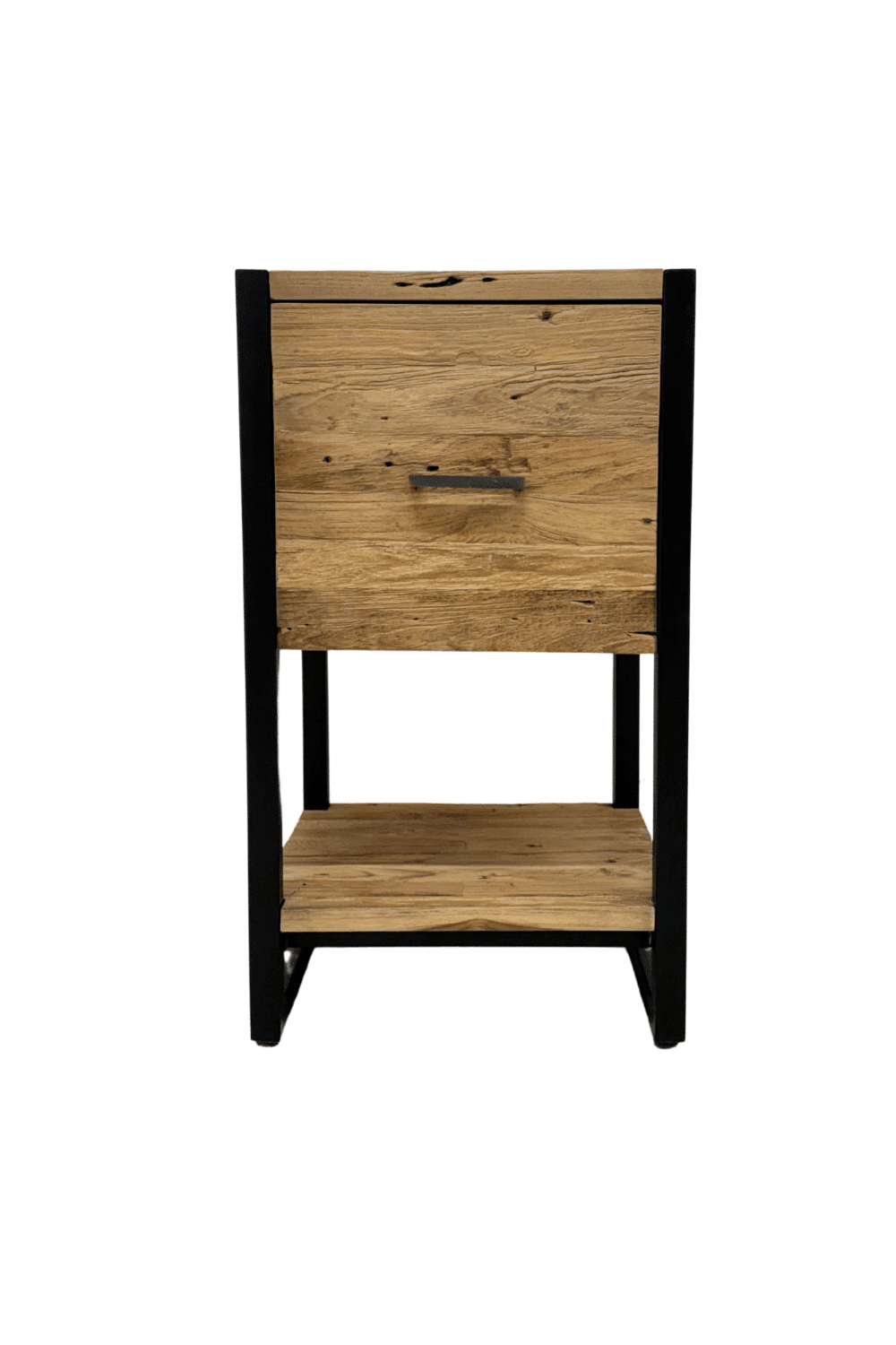 Teak houten industrieel nachtkastje met zwart metaal lade boven 40x40x71 cm