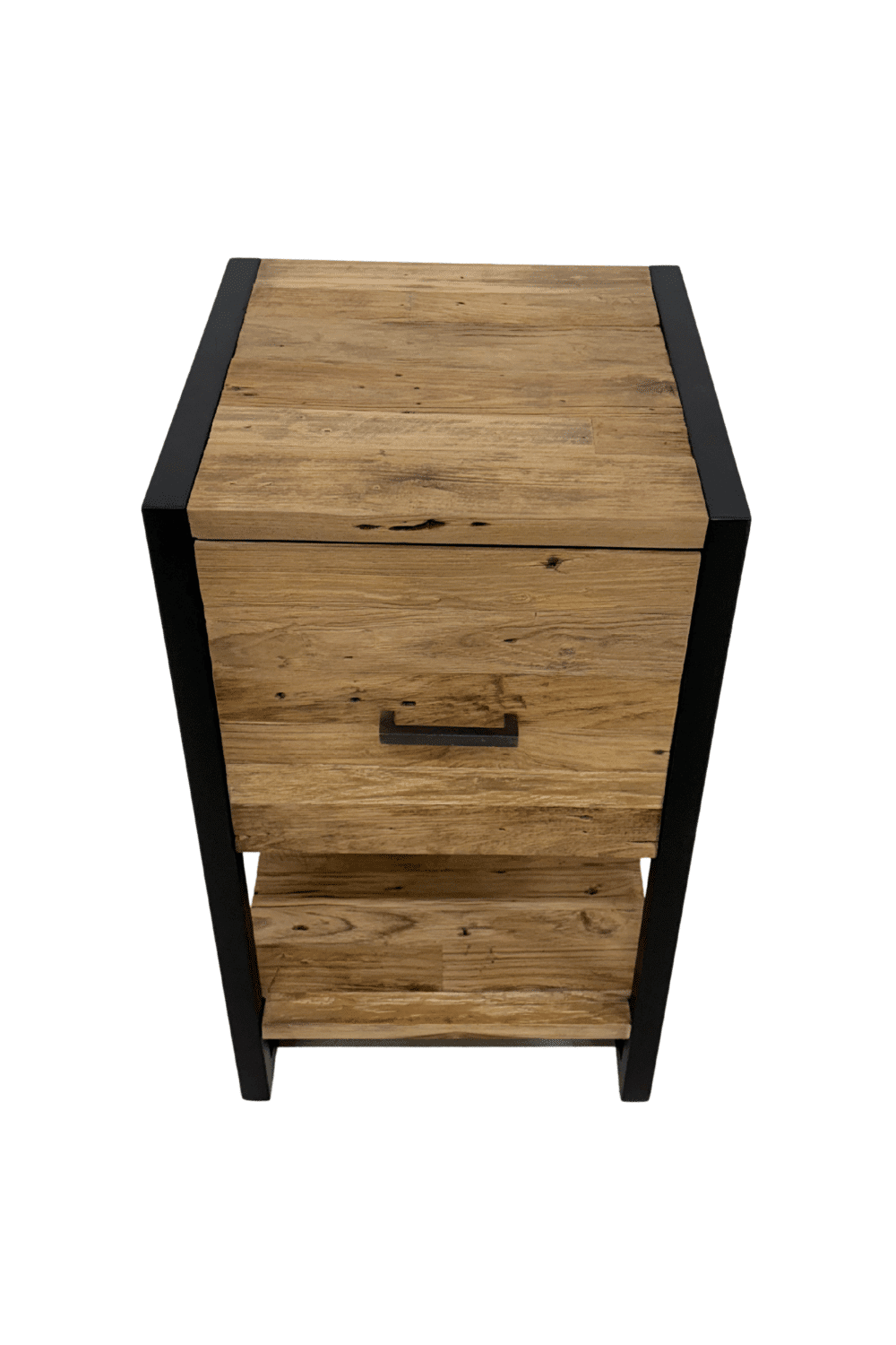 Teak houten industrieel nachtkastje met zwart metaal lade boven 40x40x71 cm