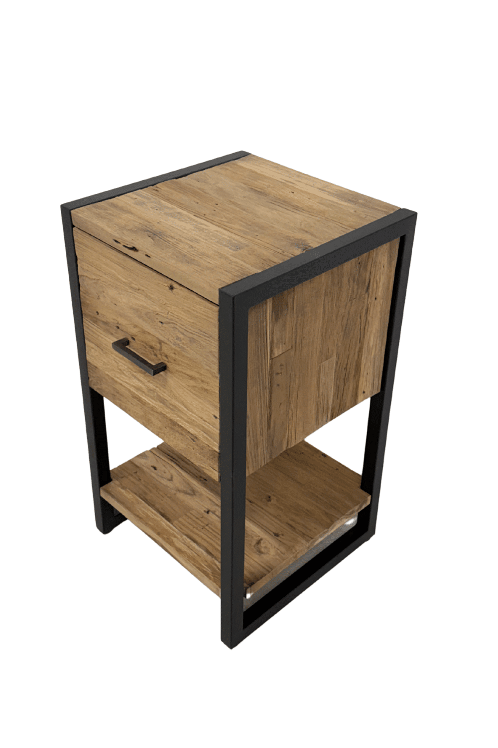 Teak houten industrieel nachtkastje met zwart metaal lade boven 40x40x71 cm