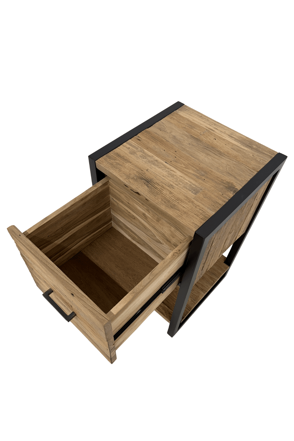 Teak houten industrieel nachtkastje met zwart metaal lade boven 40x40x71 cm