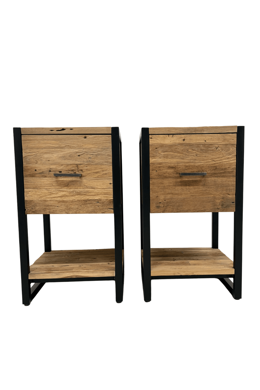 Teak houten industrieel nachtkastje met zwart metaal lade boven 40x40x71 cm