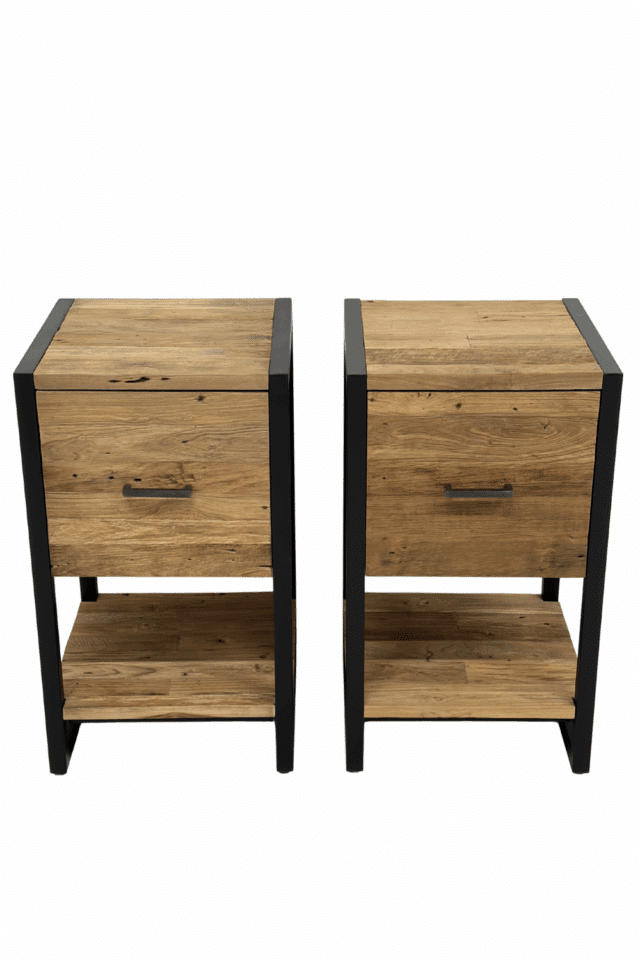 Teak houten industrieel nachtkastje met zwart metaal lade boven 40x40x71 cm