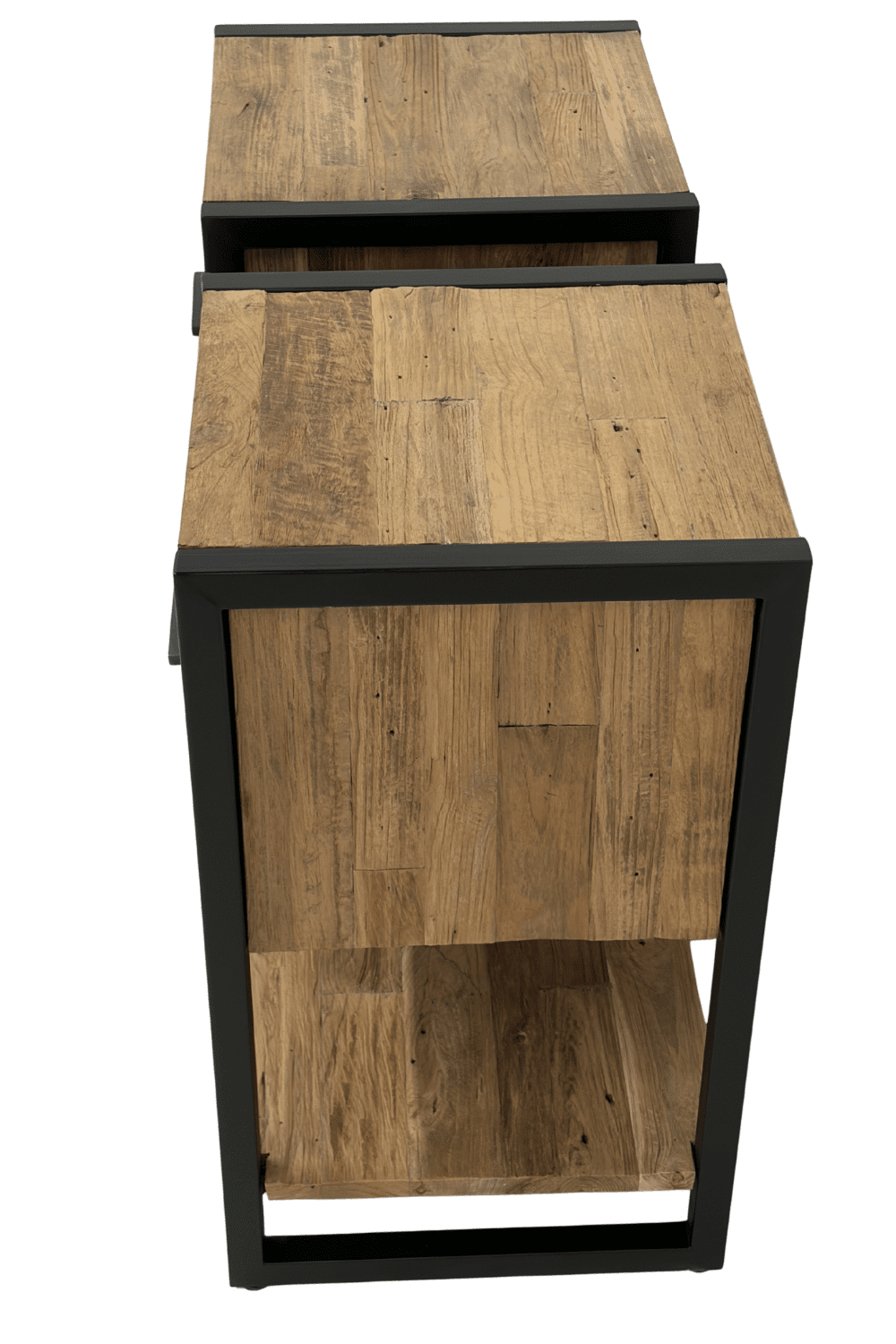 Teak houten industrieel nachtkastje met zwart metaal lade boven 40x40x71 cm