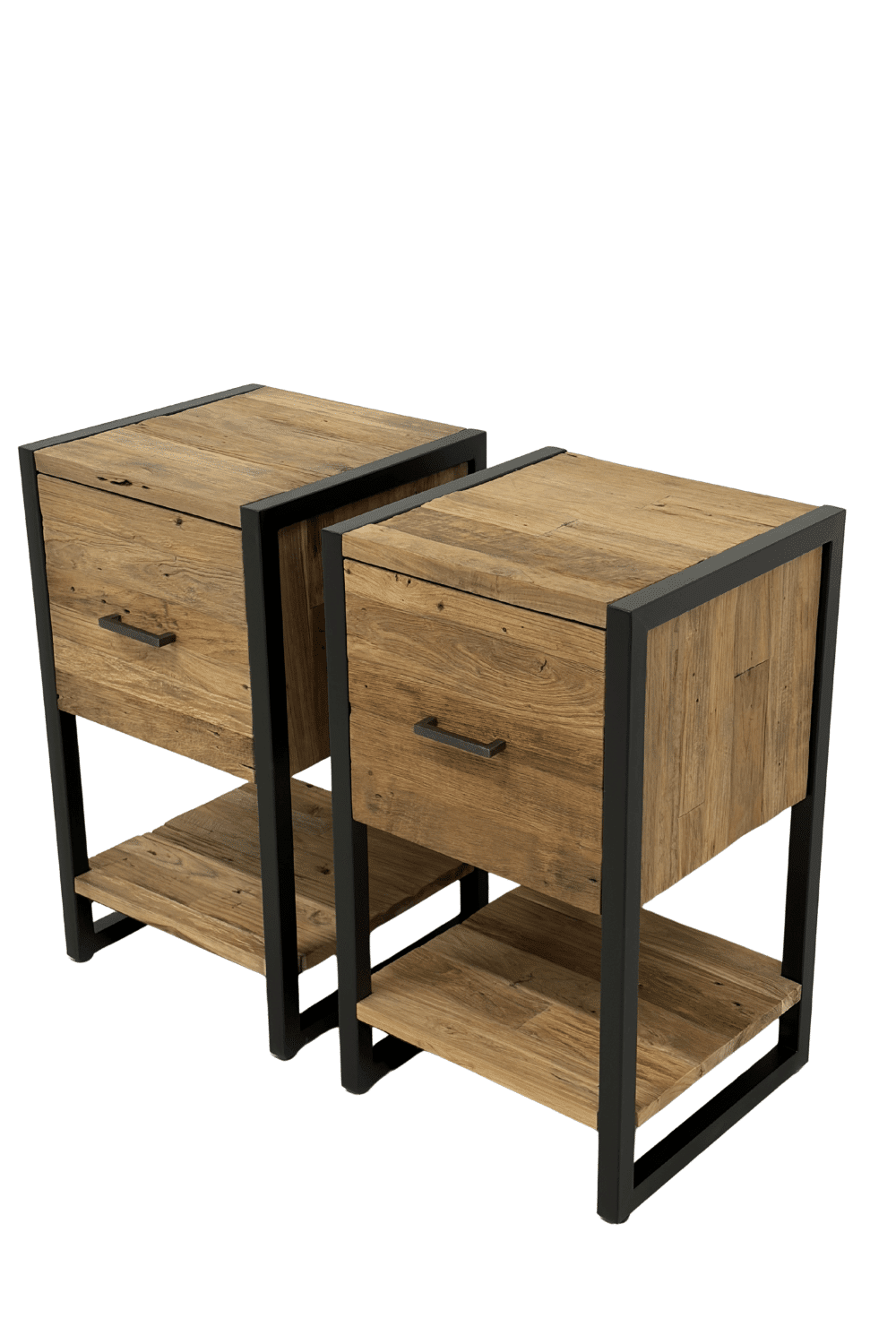 Teak houten industrieel nachtkastje met zwart metaal lade boven 40x40x71 cm