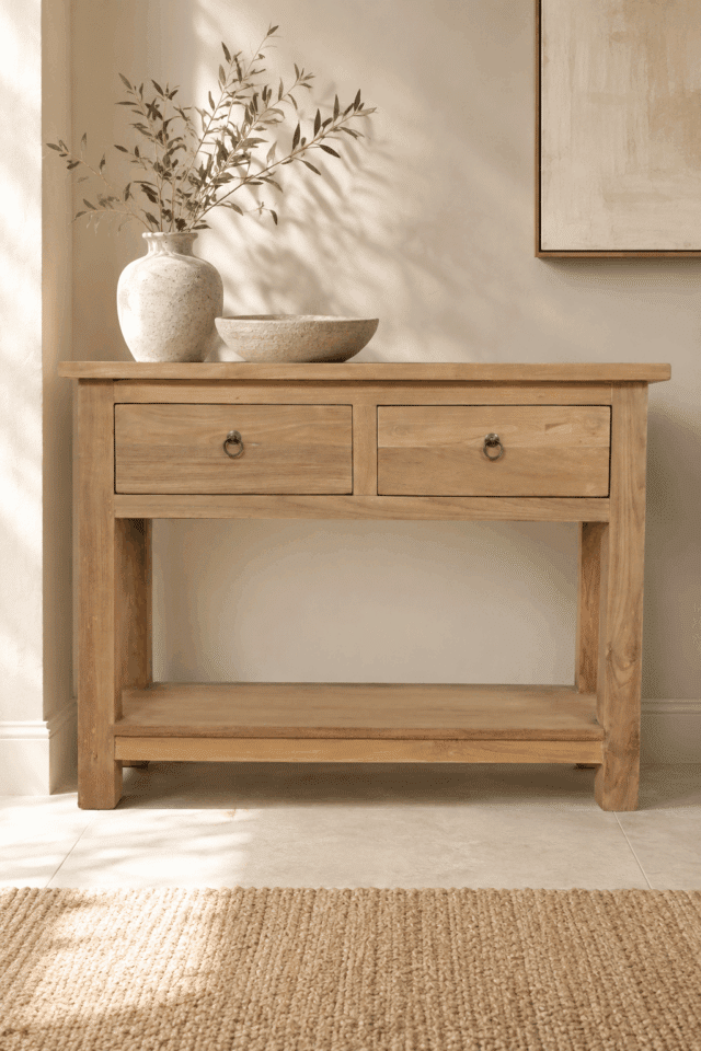 Side table teak hout met 2 lades en onderblad