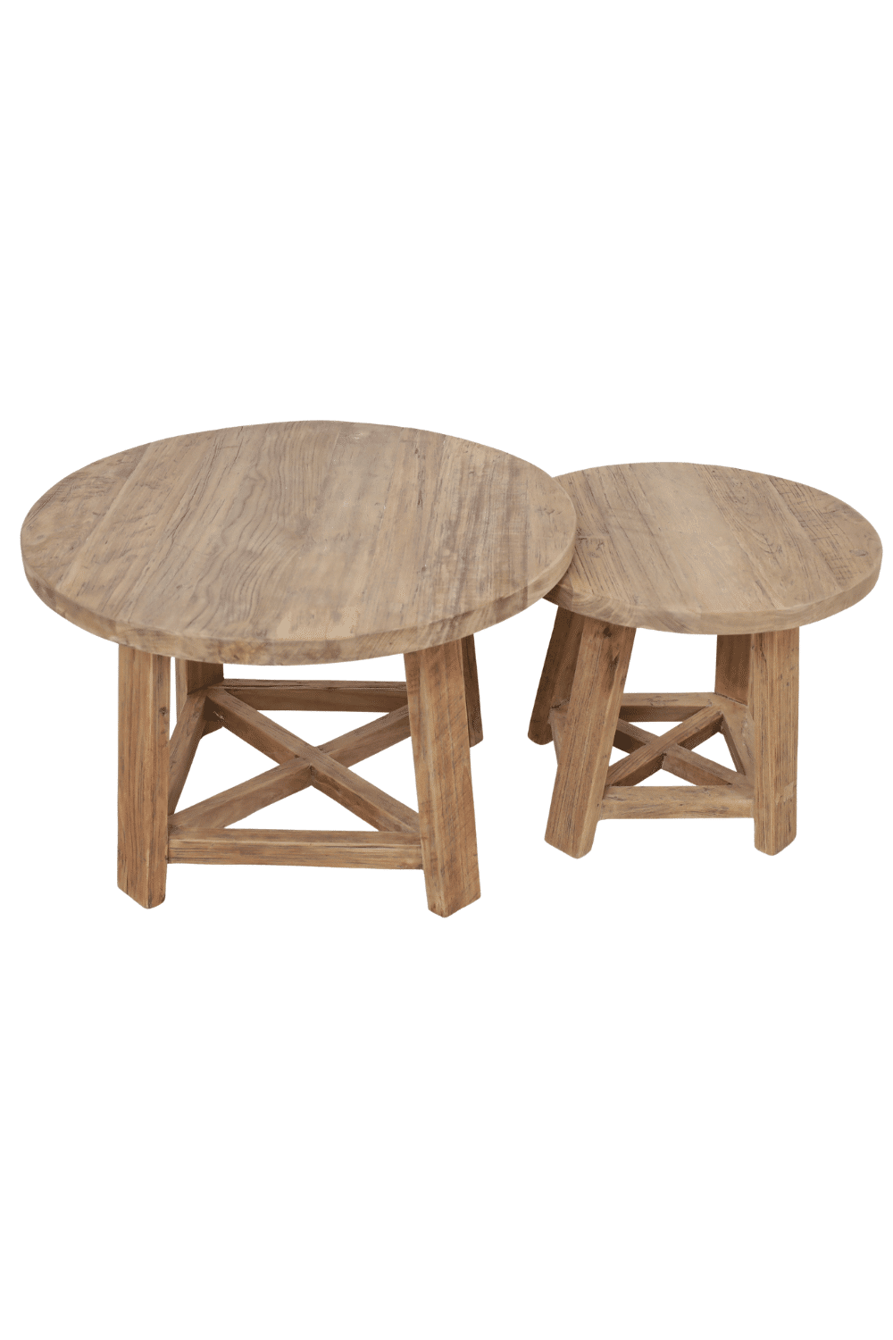 set van 2 ronde houten salontafels 50 cm en 70 cm teak hout rural