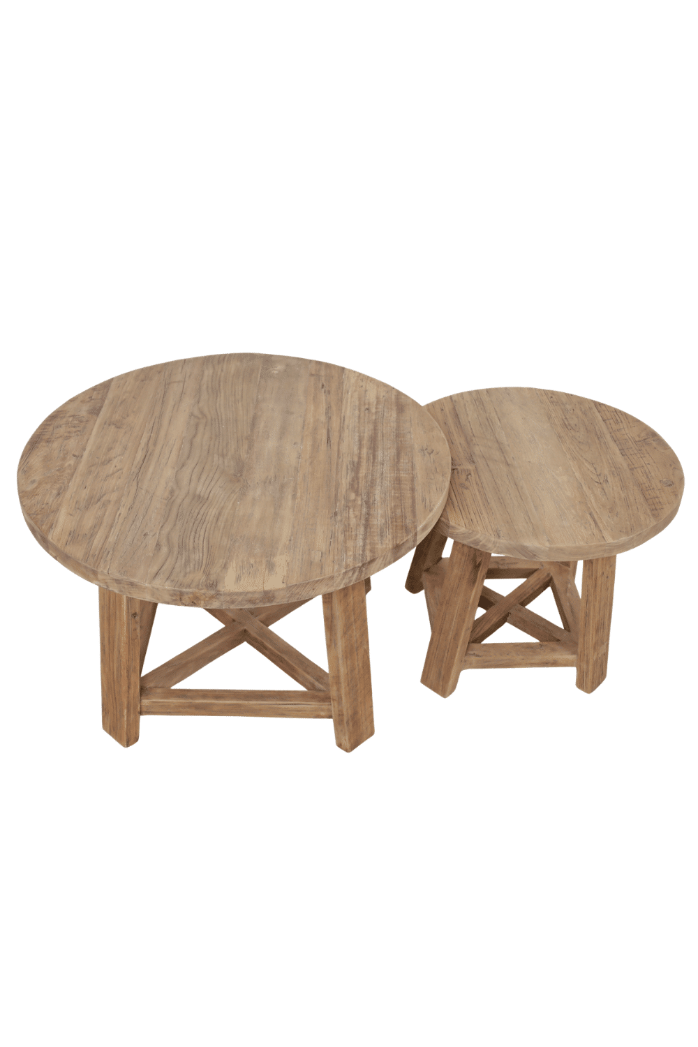 set van 2 ronde houten salontafels 50 cm en 70 cm teak hout rural