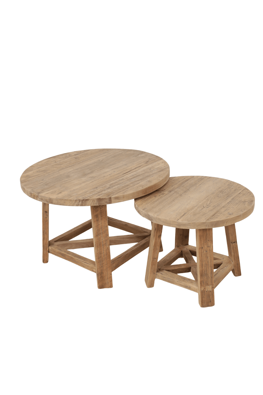 set van 2 ronde houten salontafels 50 cm en 70 cm teak hout rural