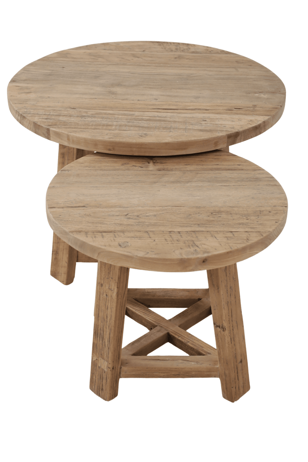 set van 2 ronde houten salontafels 50 cm en 70 cm teak hout rural