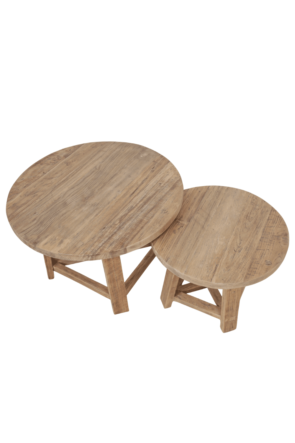 set van 2 ronde houten salontafels 50 cm en 70 cm teak hout rural