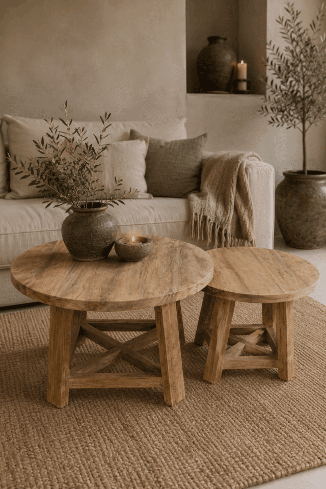 set van 2 ronde houten salontafels 50 cm en 70 cm teak hout rural