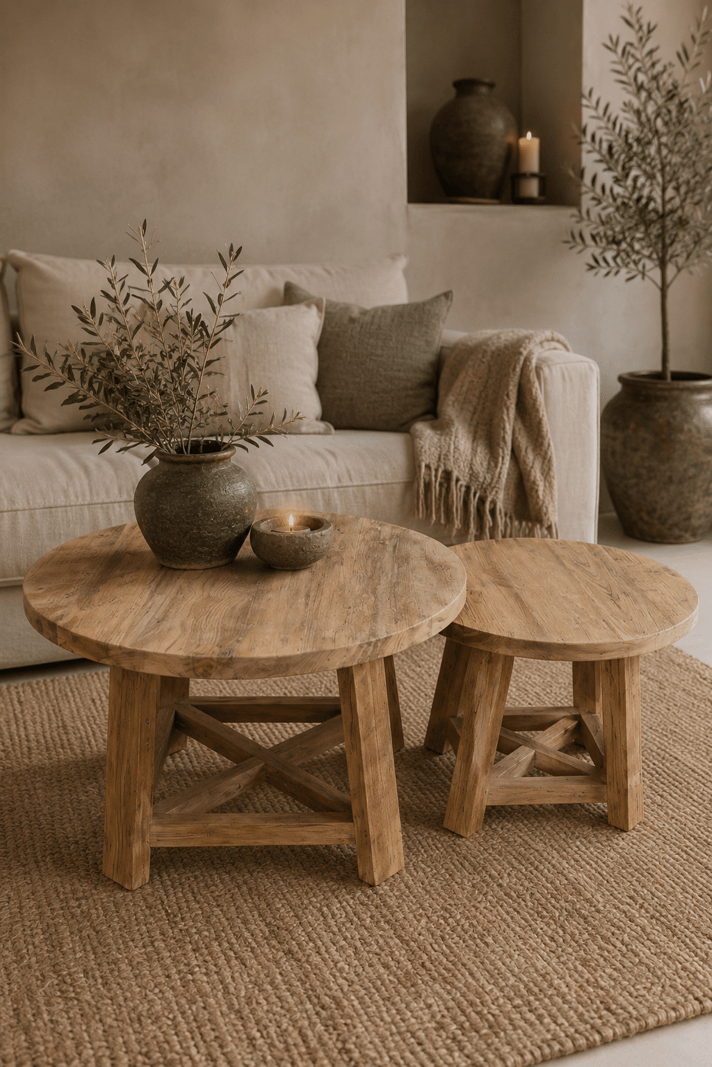 set van 2 ronde houten salontafels 50 cm en 70 cm teak hout rural