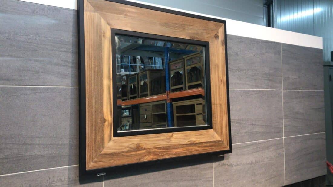 Teakhouten spiegel industrieel maat 80x70, glad teakhout