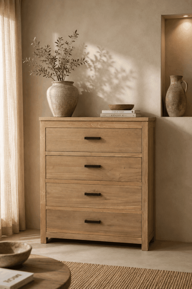 teak houten ladekast met 4 lades 80x40x100 cm