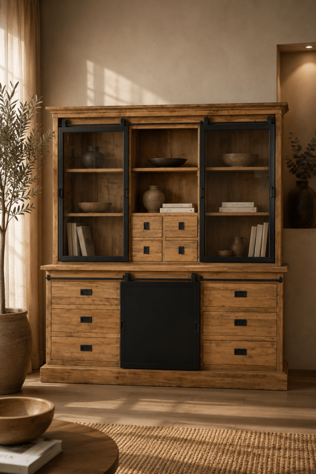 teak houten vitrinekast met metalen schuifdeuren 10 lade vitrinekast rural 200
