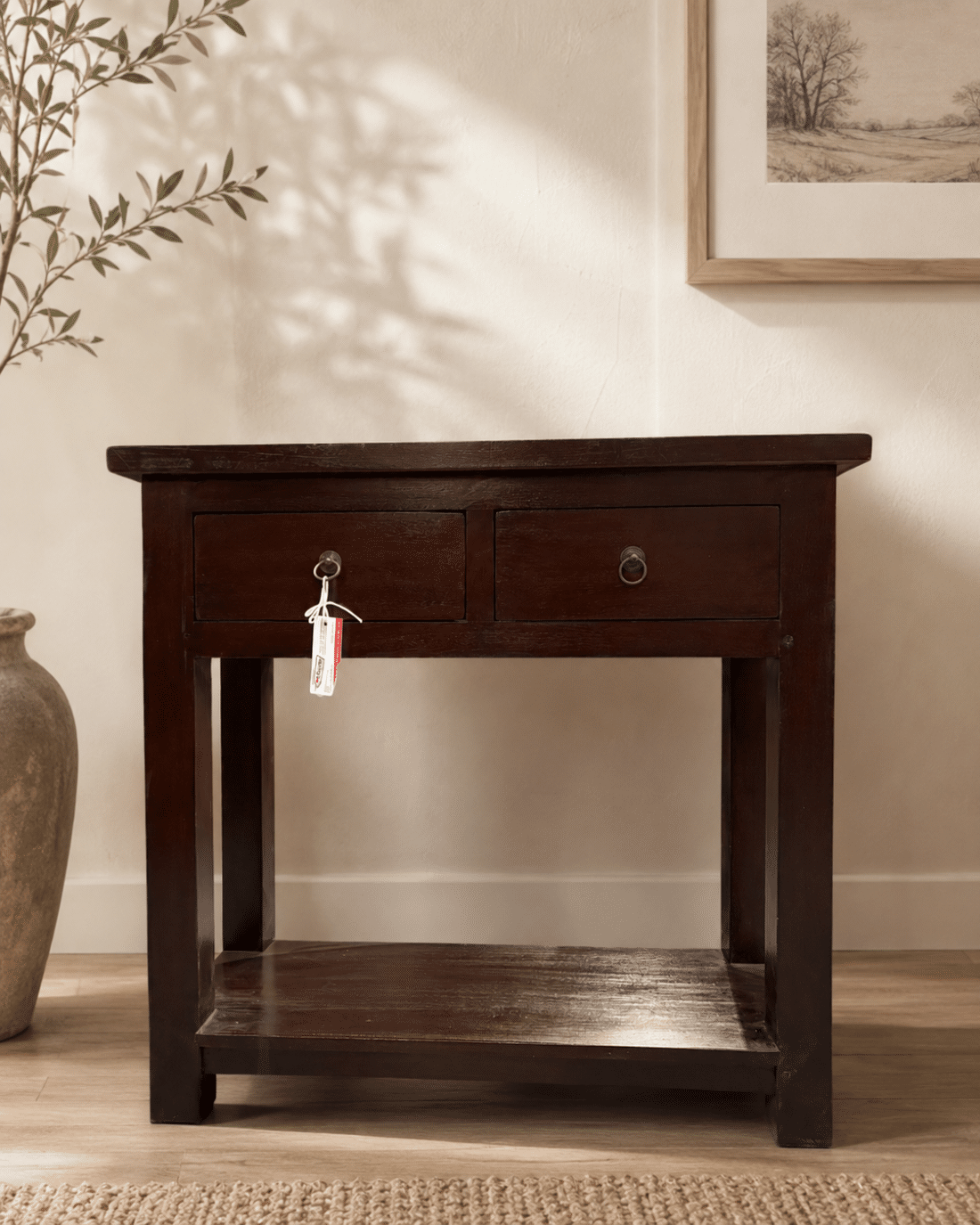 warm donker bruine side table met 2 lades en onderblad 80x35x70 cm Stdt koloniaal bruin warm donker bruine side table met 2 lades en onderblad 80x35x70 cm Stdt koloniaal bruin