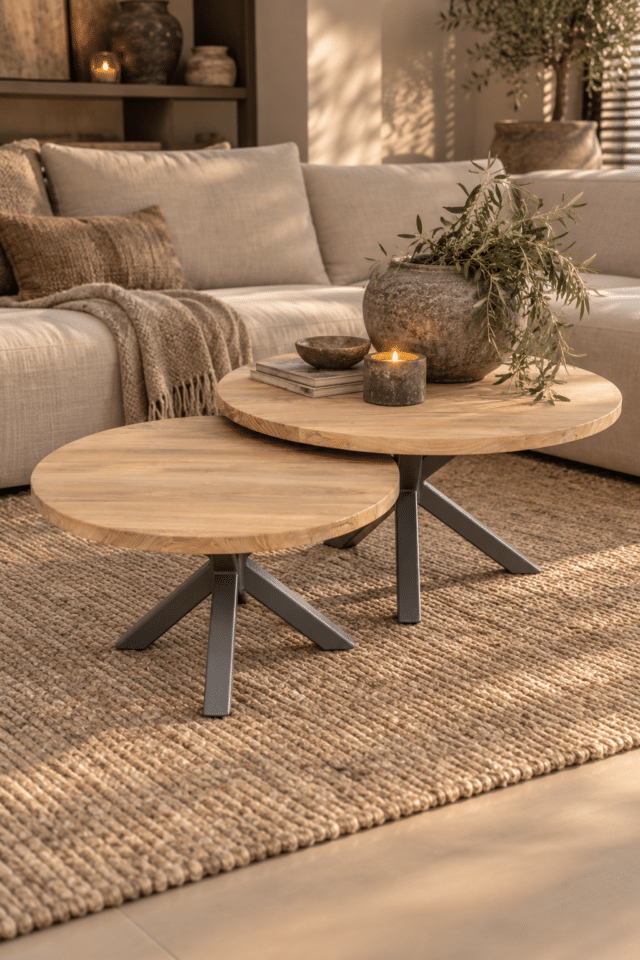 Set van 2 ronde teak houten salontafels met een bruine metalenn poot11