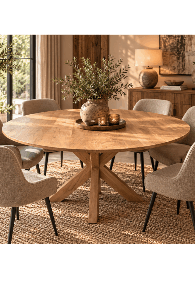 Ronde 130 cm eettafel eiken look rond naturel kleur 1