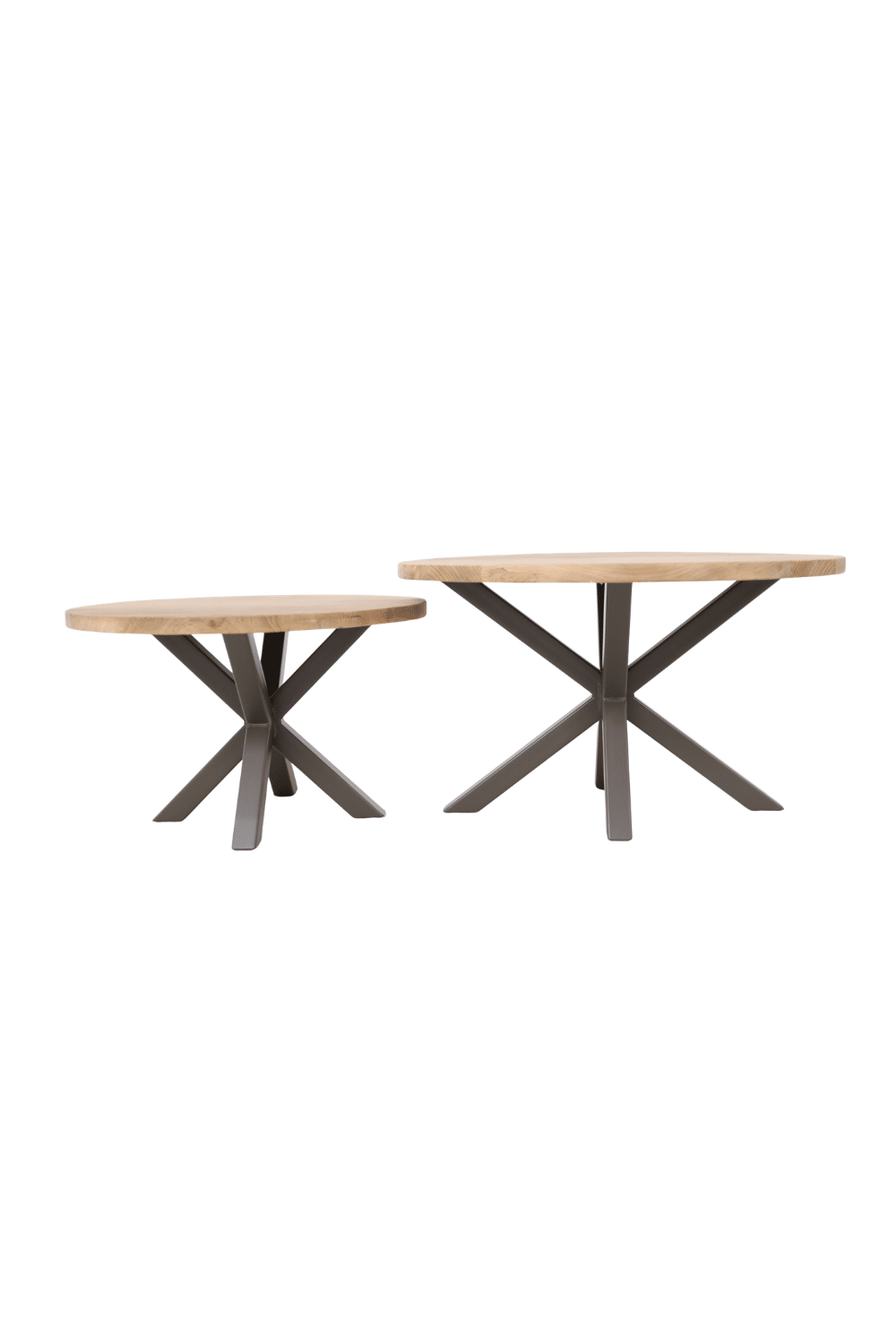 Set van 2 ronde teak houten salontafels met een bruine metalenn poot Set van 2 ronde teak houten salontafels met een bruine metalenn poot